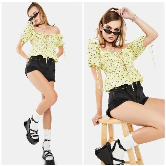 For Love & Lemons Chrysanthemum Floral Tie Front Short Sleeve Top Sz XS - Picture 9 of 10